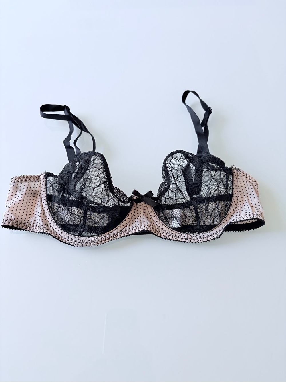 Wolford Black Lace & Blush Polka Dot Balconette Bra Sz 34B